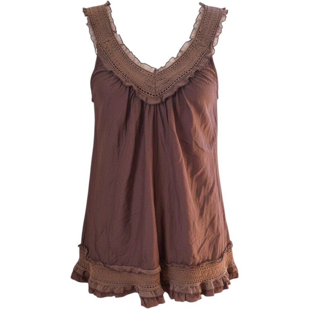 Rue21 Vintage Brown Cotton Ruffle Babydoll Sleeveless Top Large Y2K Boho Earthy